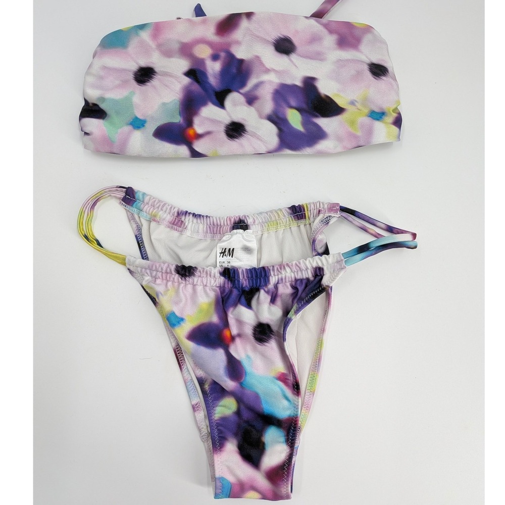 HM Purple Floral Bandeau Bikini Set High Cut Lace Up Back Swimsuit Womens Size 6